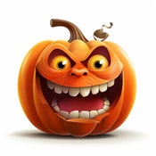 May include: A carved orange pumpkin with a wide, toothy grin and large, yellow eyes. The pumpkin has a mischievous expression, perfect for Halloween decorations.