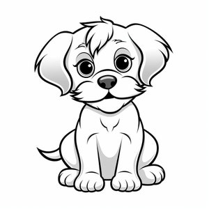 May include: A black and white cartoon illustration of a small, fluffy dog sitting with its ears perked up.