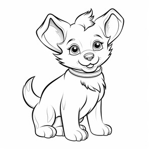 May include: A black and white line drawing of a cute cartoon puppy sitting with its ears perked up and wearing a collar.