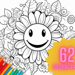 Smiling Flower Adult Coloring Page Black and White Printable 62 Digital Download
