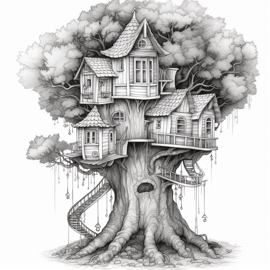 Treehouse Adult Coloring Page Detailed Grayscale Print 50 Digital