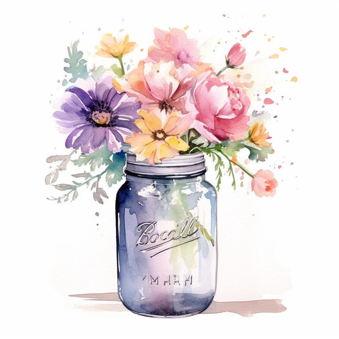 Bouquet of Flowers in Mason Jar Clipart Jpgs Digital Download Card Making Mixed Media Digital