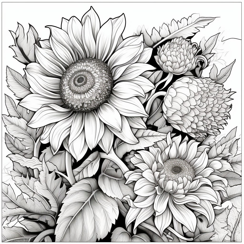 Sunflower Adult Coloring Pages Floral 50 Printable Digital Downloads Etsy