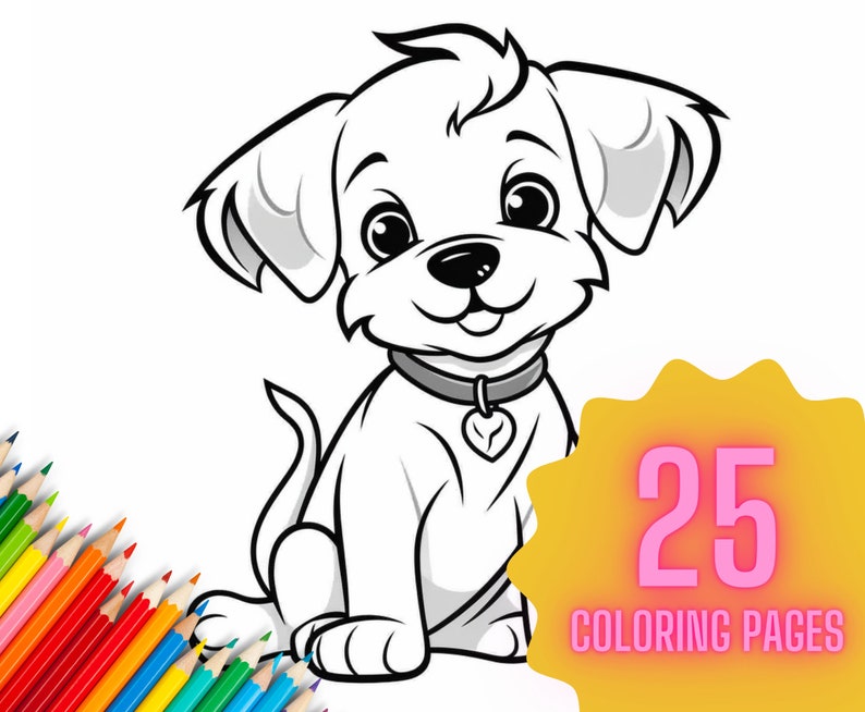 May include: A black and white line drawing of a cute cartoon puppy sitting with its tongue sticking out. The puppy is wearing a collar with a heart charm. The image is part of a set of 25 coloring pages.