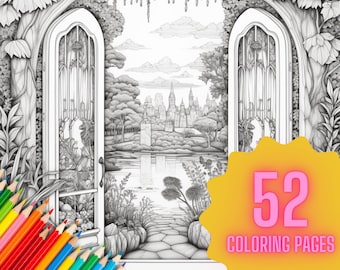 Fantasy Land Through Doors Adult Coloring Pages 52 Printable Instant Digital Downloads