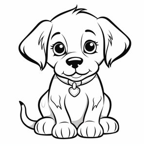 May include: A black and white line drawing of a cute cartoon puppy sitting with its paws crossed. The puppy has a heart-shaped tag on its collar.
