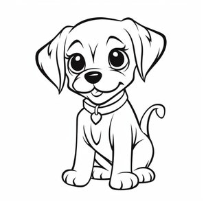 May include: Black and white line drawing of a cartoon puppy with big eyes and a happy expression. The puppy is wearing a collar with a heart charm.