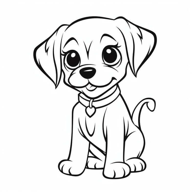May include: Black and white line drawing of a cartoon puppy with big eyes and a happy expression. The puppy is wearing a collar with a heart charm.