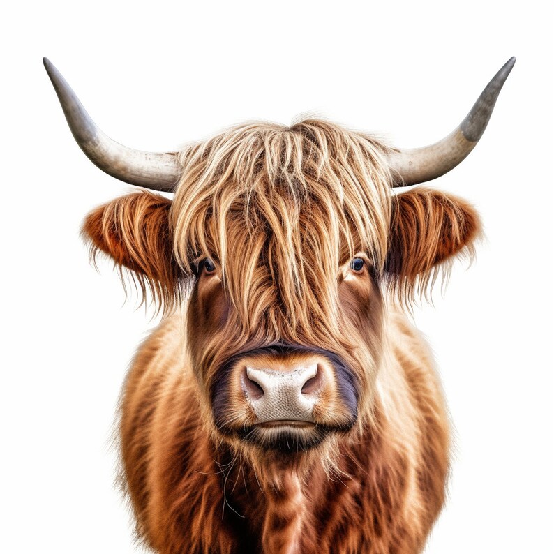 May include: A close-up of a Highland cow with long, shaggy brown fur and a white nose. The cow has large, dark eyes and a friendly expression.