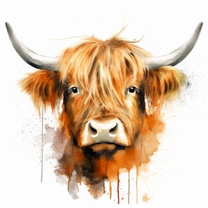 May include: Watercolor painting of a Highland cow with long, reddish-brown fur and a white face. The cow is looking directly at the viewer with a gentle expression. The background is a soft white with watercolor splatters.