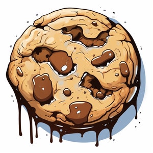 May include: A cartoon illustration of a chocolate chip cookie with melted chocolate dripping down the sides. The cookie is brown and has a light brown center with chocolate chips.