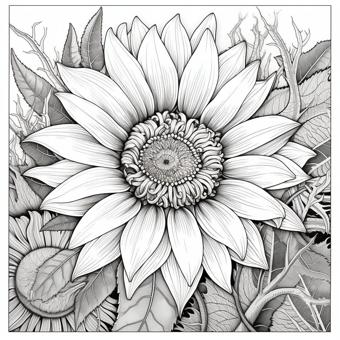Sunflower Adult Coloring Pages Floral 50 Printable Digital Downloads - Etsy