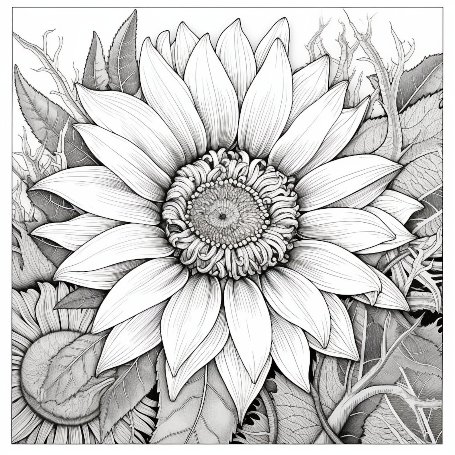 Sunflower Adult Coloring Pages Floral 50 Printable Digital Downloads Etsy