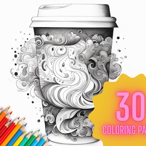 Coffee Cup Adult Coloring Printable Pages 30 Digital Downloads