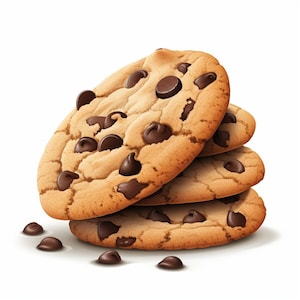 Op de afbeelding: Een stapel van drie chocolade chip cookies. De koekjes zijn goudbruin en hebben chocolade chips. De koekjes staan op een witte achtergrond.