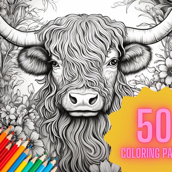 Floral Highland Cow Print Adult Coloring Page 50 Digital Downloads