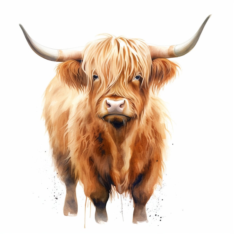 May include: A watercolor painting of a Highland cow with long, shaggy brown fur and large horns. The cow is looking directly at the viewer with a gentle expression.