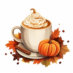 Pumpkin Spice Coffee Latte Clipart Art stampabile 20 JPG di alta qualità Download digitale Creazione di biglietti con carta digitale