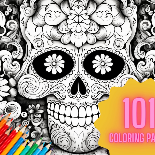Adult Coloring Sugar Skulls Mandala 101 Printable Digital Downloads
