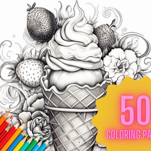 Ice Cream Cone Abstract Adult Coloring Page Grayscale Black and White Printable 50 Digital Download
