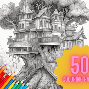 Può includere: Un'illustrazione in bianco e nero di una grande casa sull'albero con dettagli intricati. La casa sull'albero ha più livelli, balconi e una scala a chiocciola. L'immagine fa parte di un libro da colorare con 50 pagine.