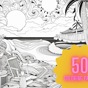 Könnte beinhalten: Schwarz-weißes Strichbild zum Ausmalen mit einer Strandszene mit Palmen, einem Steg, Wellen und einem Strandstuhl. Der Text "50 Coloring Pages" befindet sich in einem rosa Kreis auf gelbem Hintergrund.