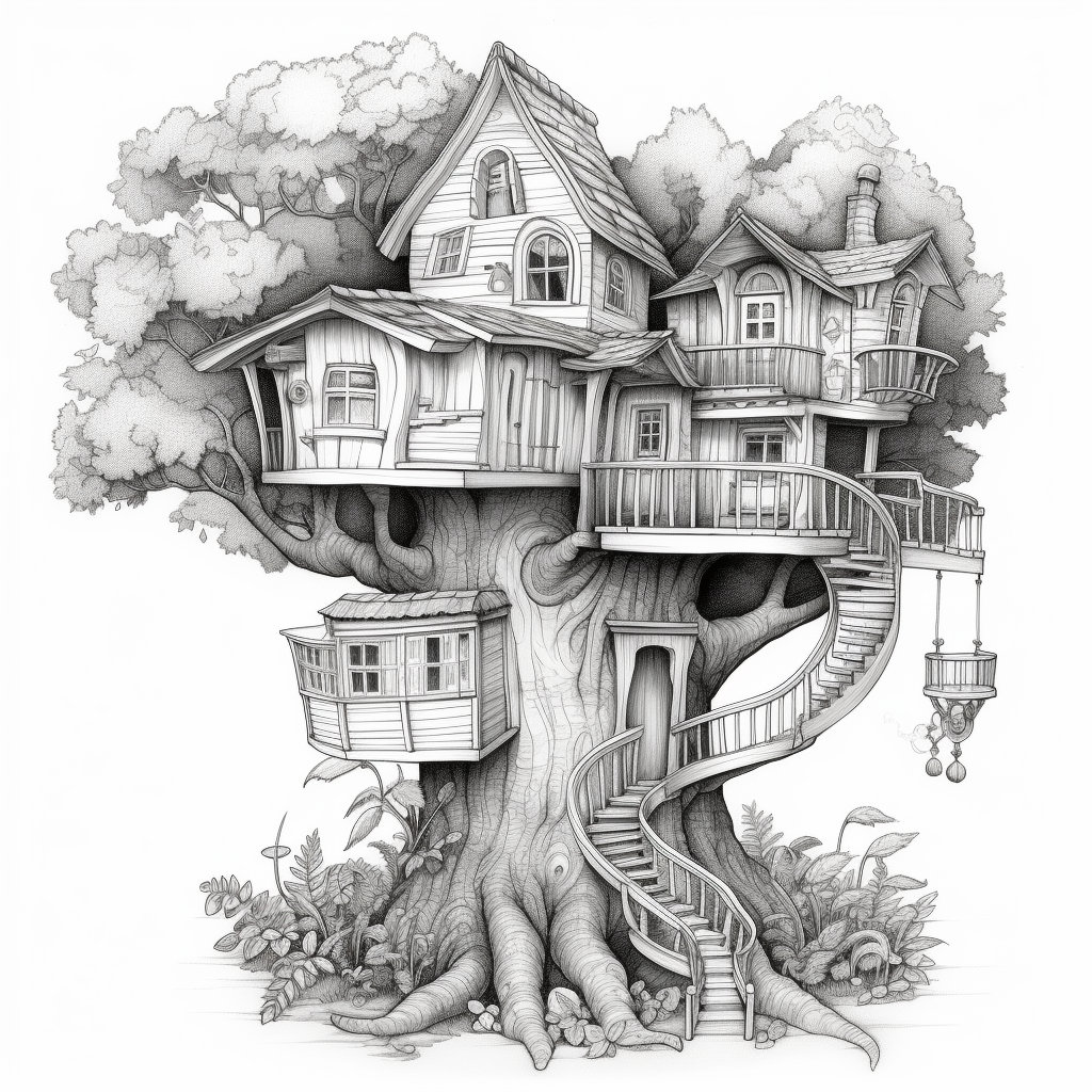 Treehouse Print Treehouse Adult Coloring Page Detailed Grayscale Print 50 Digital ...