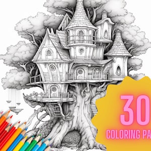 May include: A black and white illustration of a detailed treehouse with a whimsical design. The treehouse has multiple levels and windows, and is built into a large tree. The image includes the text "30 Coloring Pages".