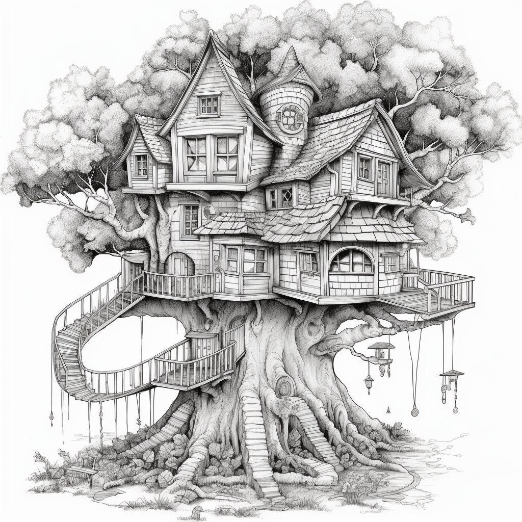 Treehouse Print Treehouse Adult Coloring Page Detailed Grayscale Print 50 Digital ...