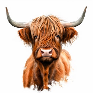 May include: A close-up portrait of a Highland cow with long, reddish-brown fur and a white splash of paint on its face. The cow has large, dark eyes and a long, thick mane.