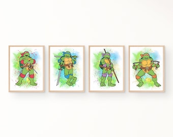 Set Of 4 Teenage Mutant Ninja Turtles Prints. Girls And Boys Wall Decor. Bedroom Artwork. Raphael, Leonardo, Donatello & Michelangelo Prints