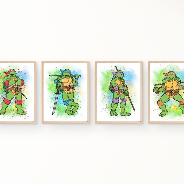 Set Of 4 Teenage Mutant Ninja Turtles Prints. Girls And Boys Wall Decor. Bedroom Artwork. Raphael, Leonardo, Donatello & Michelangelo Prints