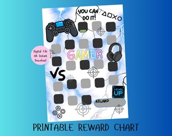May include: Printable reward chart for gamers with a blue and white background. The chart features a video game controller, headphones, and the words "You Can Do It!" and "Gamer".