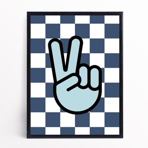 May include: A blue peace sign with a black outline on a white and navy blue checkered background.