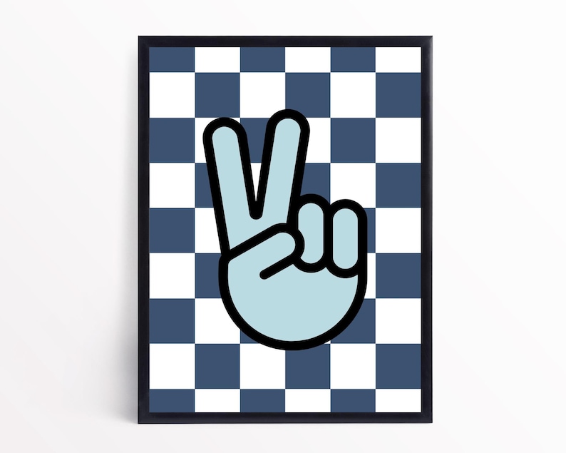 May include: A blue peace sign with a black outline on a white and navy blue checkered background.