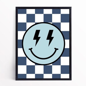 May include: A blue smiley face with lightning bolts for eyes on a black and white checkered background.
