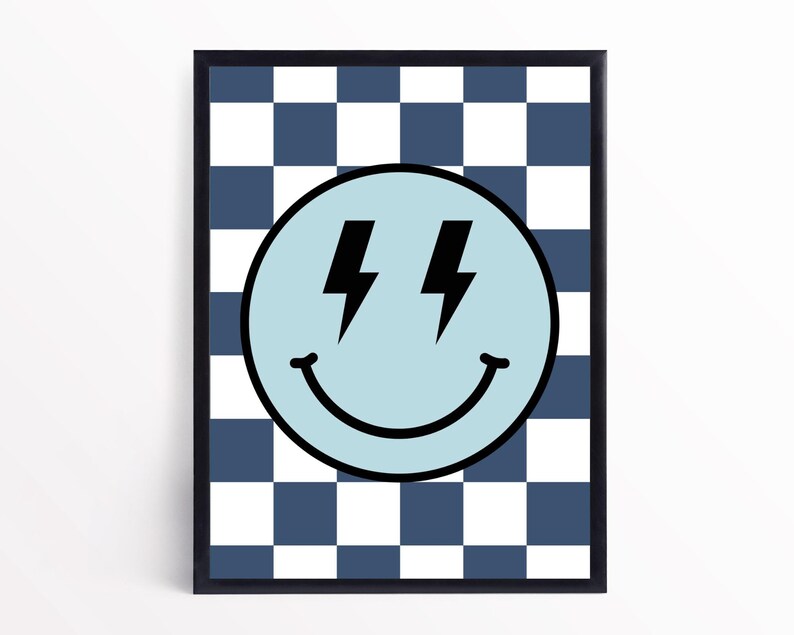 May include: A blue smiley face with lightning bolts for eyes on a black and white checkered background.