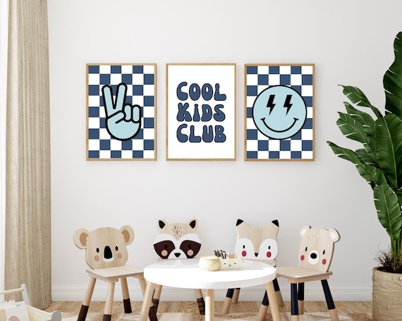 Set Of 3 Cool Kids Club Prints. Boys Bedroom Wall Decor Pictures. Smiley Face, Peace Sign Wall Art. Navy Blue Checkered Playroom Poster.