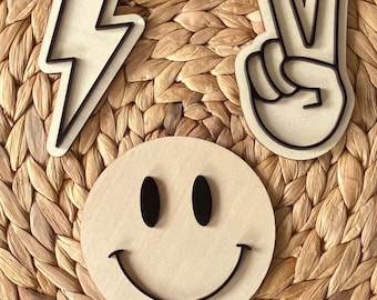 Smiley Face, Peace Sign And Lightning Wall Set. Wooden Acrylic Children, Kids And Teens Bedroom Decor. Playroom Wall Decoration.