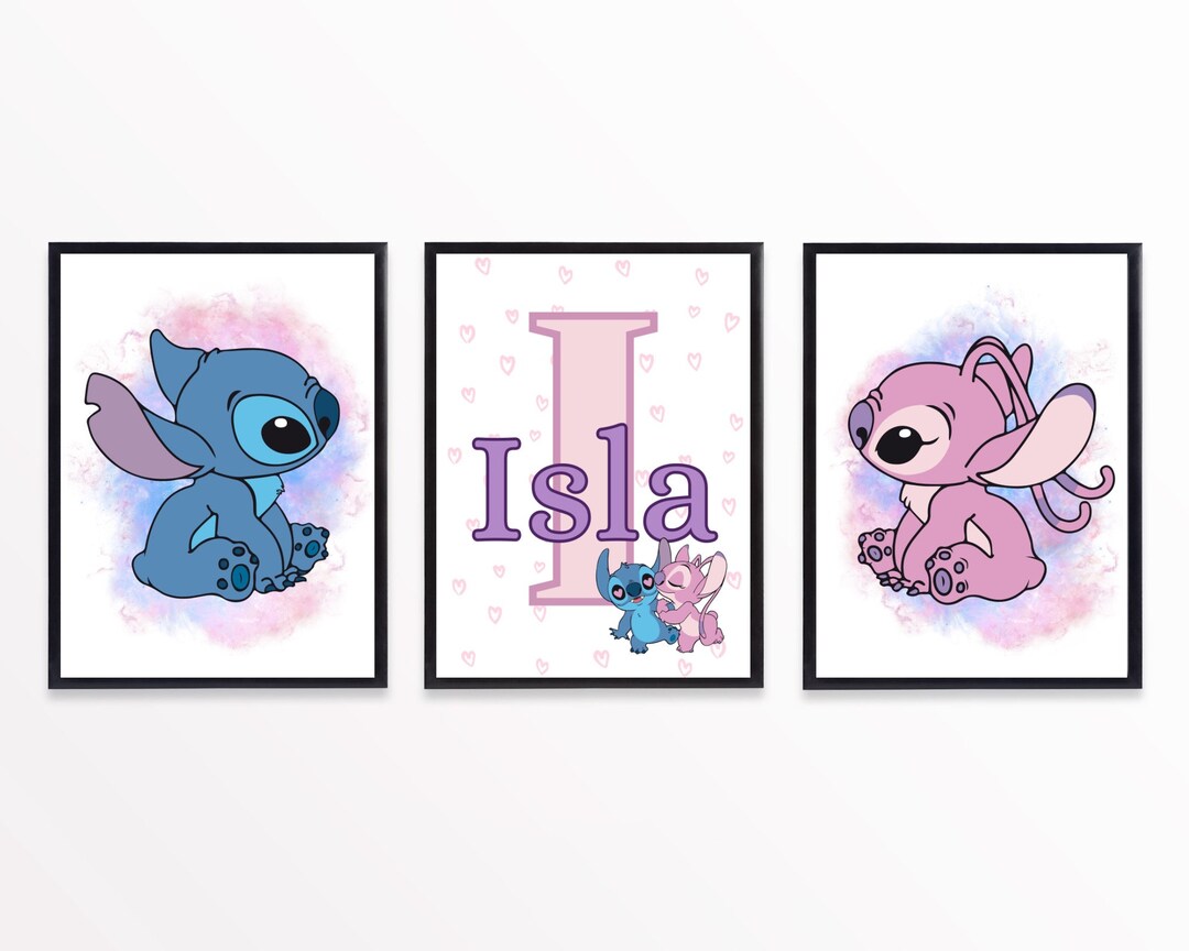 Stitch R Initial Set of 3 Personalised Stitch and Angel Bedroom Artwork. Girls Wall ...