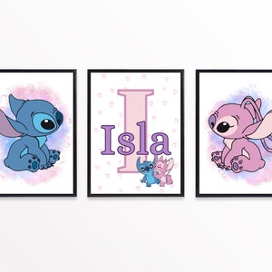 Set Of 3 Personalised Stitch And Angel Bedroom Artwork. Girls Wall Decor. Bedroom Prints. Lilo And Stitch Print. Pictures With Name/Initial.