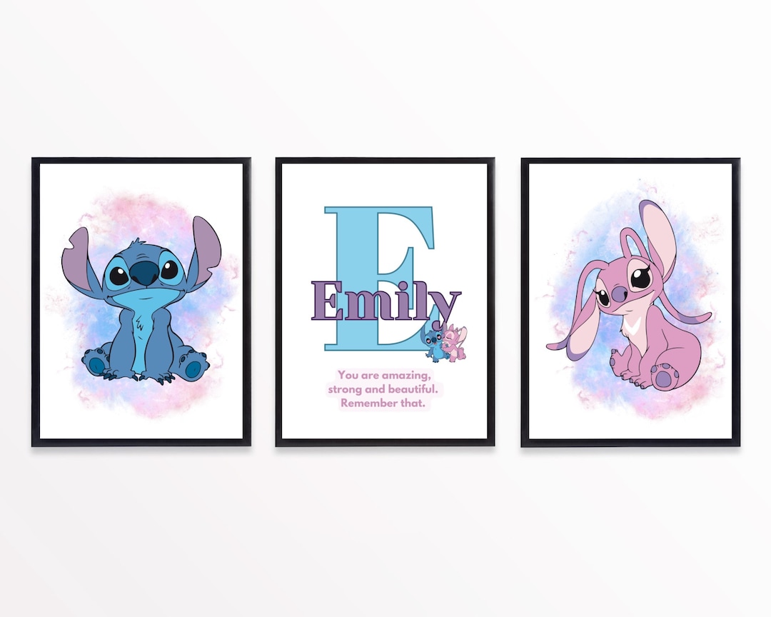 Stitch R Initial Set of 3 Personalised Stitch and Angel Bedroom Artwork. Girls Wall ...