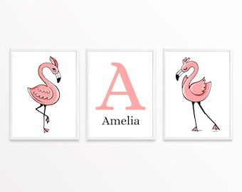 Personalized Flamingo Nursery Prints: Set of 3, Girls Bedroom Decor