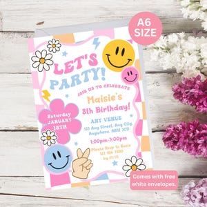Personalised Retro Smiley Face Birthday Party Invitations With Envelopes. Girls Party Invite. Tween & Children's Custom Invite With Flowers