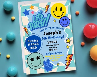 May include: A colorful birthday party invitation with a blue, yellow, and white checkered background. The invitation says "Let's Party!" in a blue and white font. It also includes the text "Join us to celebrate Joseph's 5th Birthday!" and details about the party, including the date, time, and location.