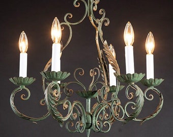 French Rustic Wrought Iron Chandelier, Louis XV Style, Mid 20th Century, Green