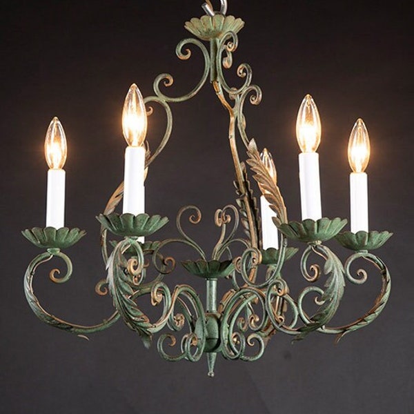 French Rustic Wrought Iron Chandelier, Louis XV Style, Mid 20th Century, Green