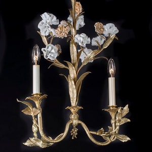 Art Nouveau Bronze & Porcelain Chandelier, French Antique Electric Hanging Pendant Light