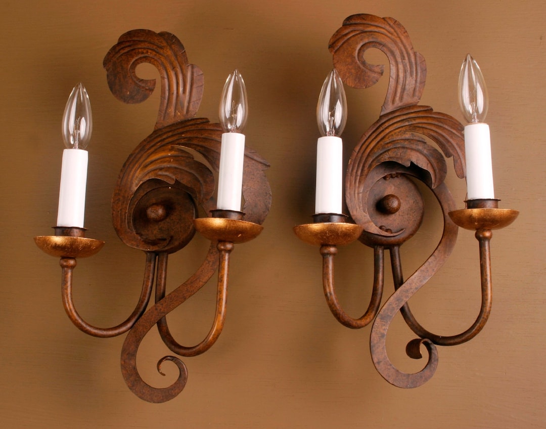 Pair of Gold Leaf Italian Gilded Iron Sconces With Scroll Work, Two ...