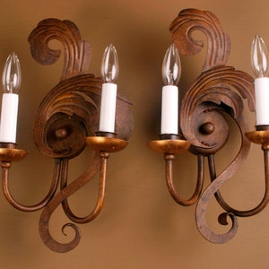 Pair of Gold Leaf Italian Gilded Iron Sconces With Scroll Work, Two Lights